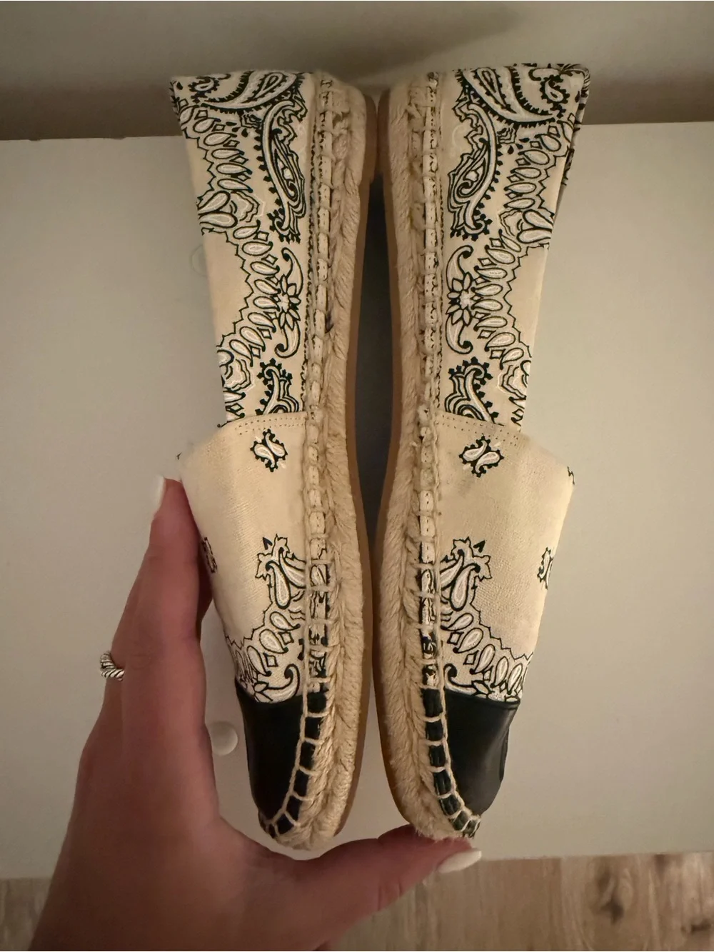Tory Burch Cream & Black Paisley Espadrille Flats